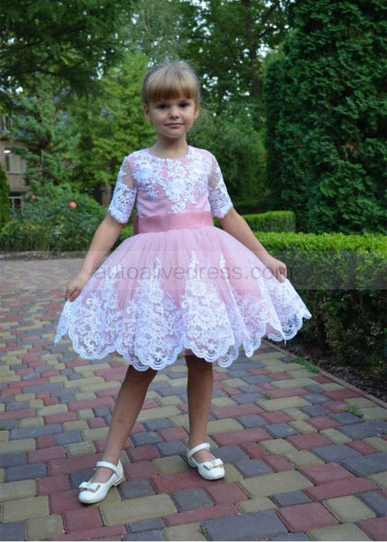 White Lace Mauve Tulle Trendy Flower Girl Dress